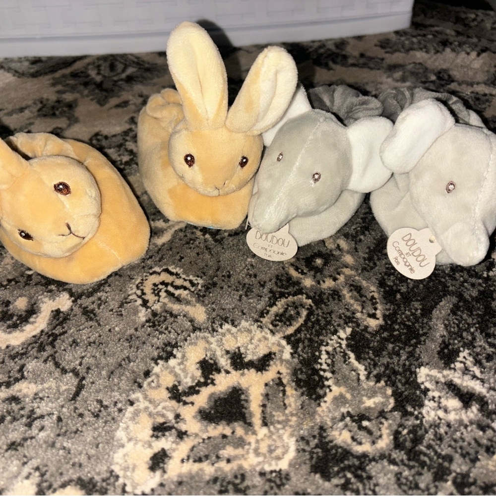 Plush Bunny and Elephant Set - Tan and Gray